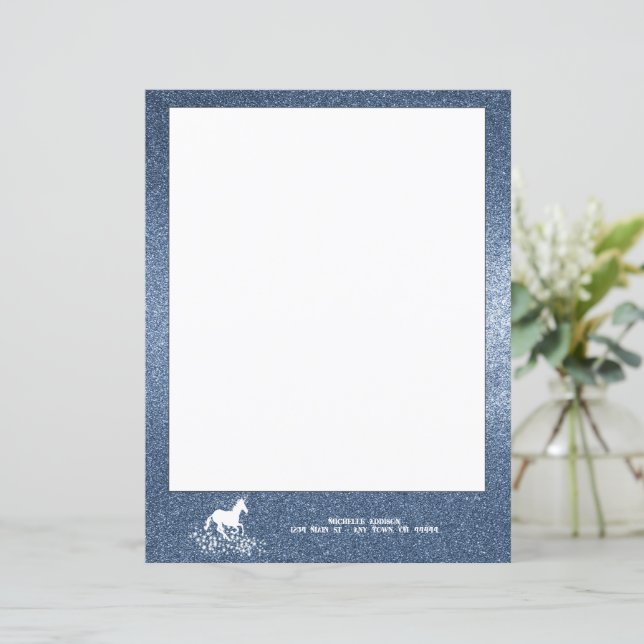 Glitzer Einhorn und Sterne | Blue Paper Sheet (Stehend Vorderseite)
