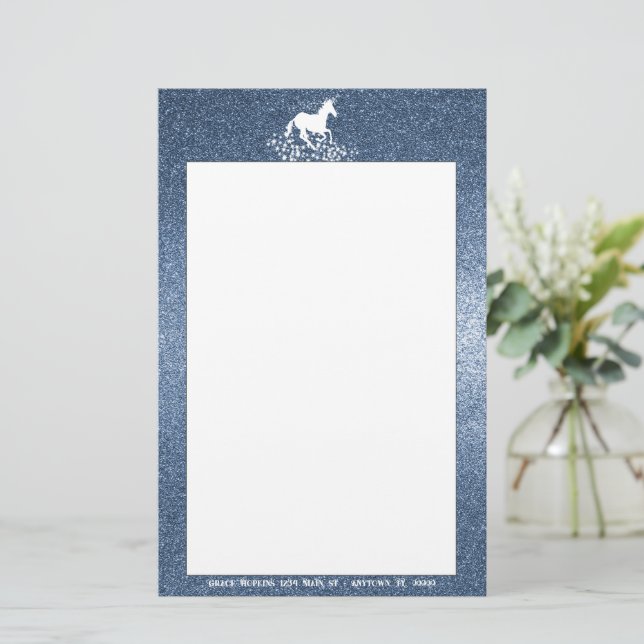 Glitzer Einhorn und Sterne | Blue Stationery Briefpapier (Stehend Vorderseite)