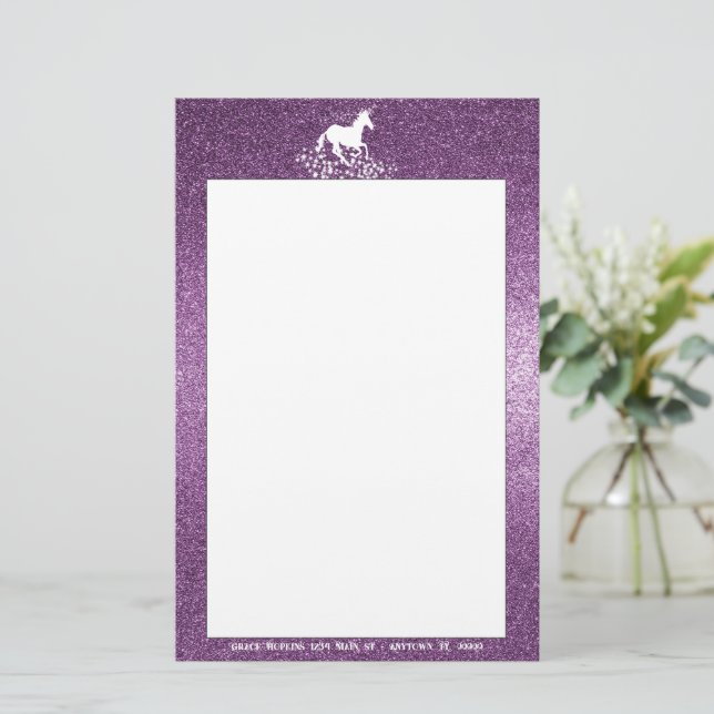 Glitzer Einhorn und Sterne | Magenta Stationery Briefpapier (Stehend Vorderseite)