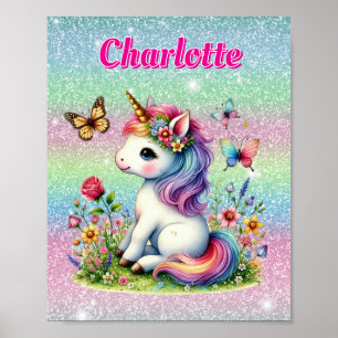 Glitzer Einhorn Wiese Wildblumen  Poster