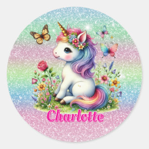 Glitzer Einhorn Wiese Wildblumen  Runder Aufkleber
