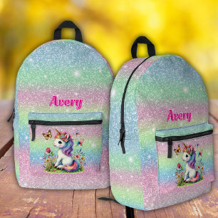 Glitzer Einhorn Wiesenblumen Bedruckter Rucksack