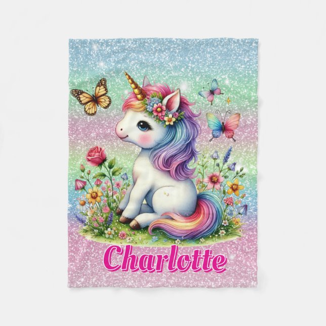 Glitzer Einhornwiese Wildblumen Fleecedecke (Vorderseite)