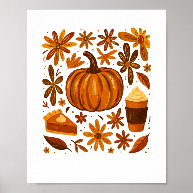 Glitzer Fall Floral Pumpkin Thankgiving Poster (Vorne)