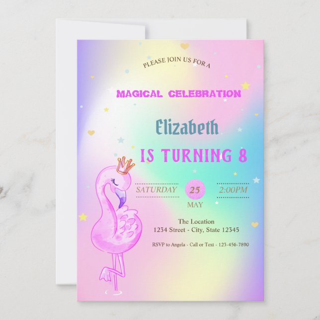 Glitzer Flamingo, Crown Ombre Holographic Birthday Einladung (Vorderseite)