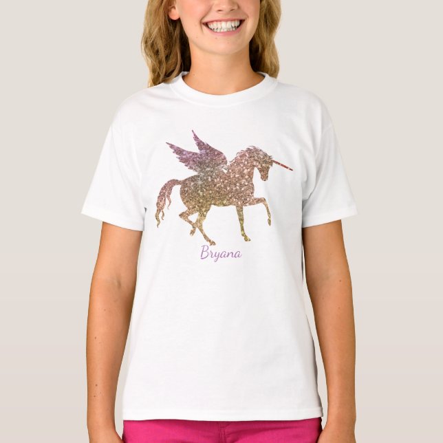Glitzer Fliegen Magische Einhornsteine Personalisi T-Shirt (Vorderseite)