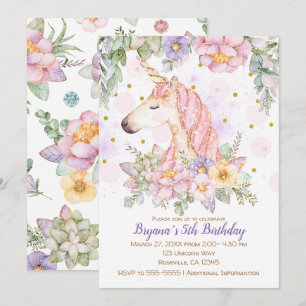 Glitzer Floral Unicorn Girls Moderne Geburtstagspa Einladung