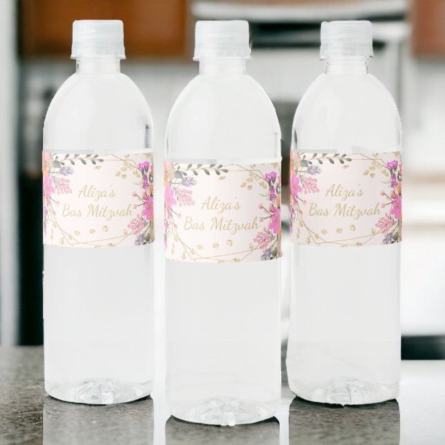 Glitzer florale Aquarellbas mitzvah Wasserflaschenetikett (Gold glitter floral watercolor bas mitzvah water bottle label)