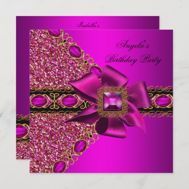 Glitzer Fuchsia Pink Jewel Geburtstagsparty Einladung (Vorne/Hinten)
