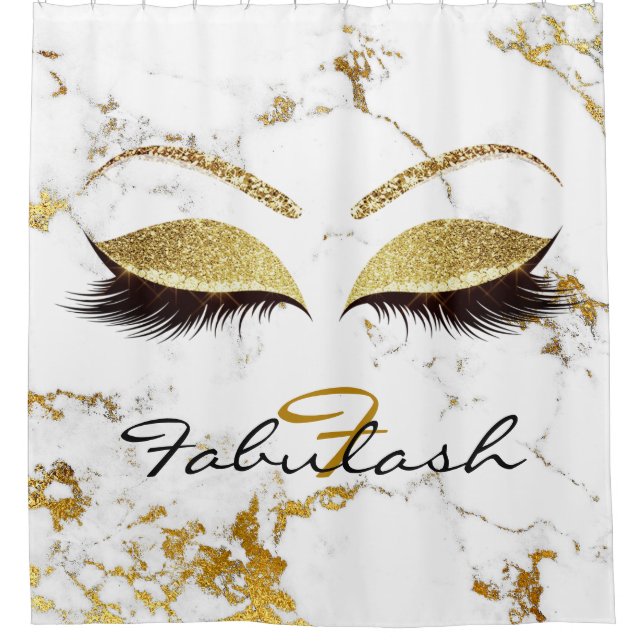 Glitzer Funkelnd Monogramm Name Gold Weißer Marmor Duschvorhang (Vorderseite)