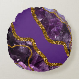 Glitzer für lila und Gold-Agate-Geode Rundes Kissen