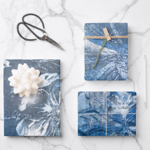 Glitzer für Vintages blaues Blumenmotiv Geschenkpapier Set