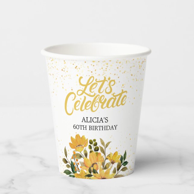 Glitzer Gelbe Blüte Geburtstag Pappbecher (Vorderseite)