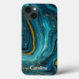 Glitzer Girl Marble Art Blue Gold Monogram Case-Mate iPhone Hülle