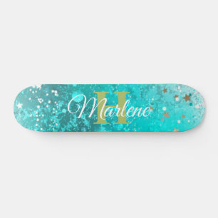 Glitzer Girly Aquamarin Mermaid Monogram Name Fant Skateboard