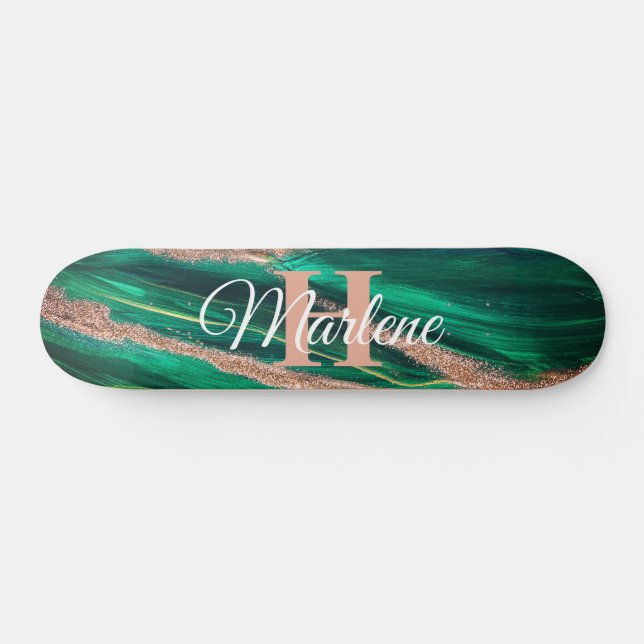 Glitzer Girly Green Mermaid Monogram Name Fantasy Skateboard (Horizontal)