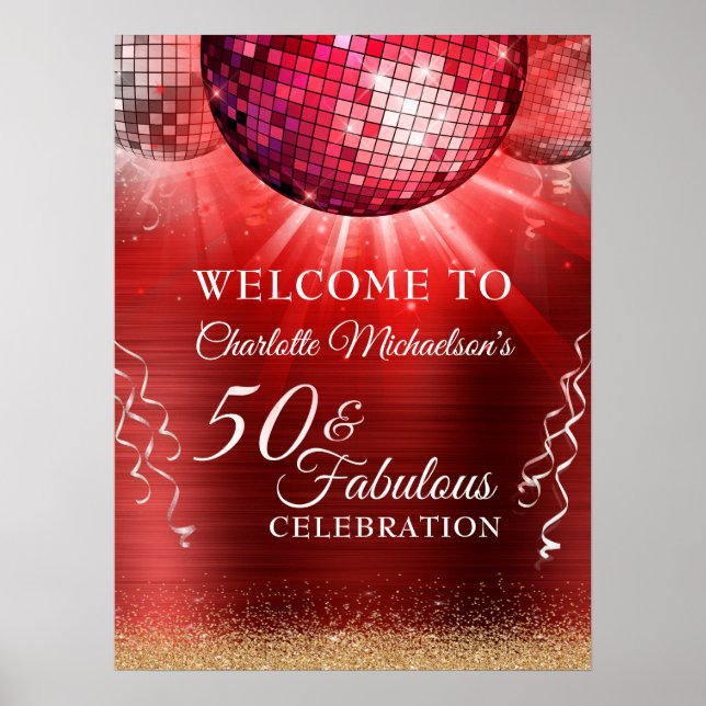 Glitzer Glam 50 & Fantastisches Rotes Disco Ball Poster (Vorne)