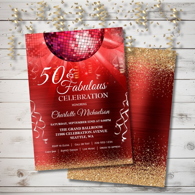 Glitzer Glam 50 und fabelhafter Red Disco Ball Einladung (Glitter Glam 50 and Fabulous Red Disco Ball Invitation)