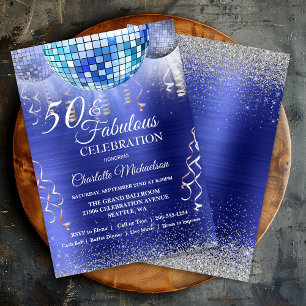 Glitzer Glam 50 und fabulous Blue Disco Ball Einladung
