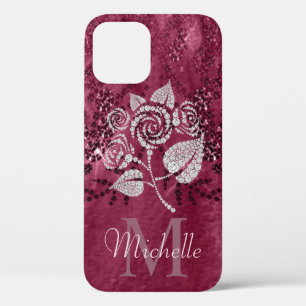 Glitzer Glam Bling Blume Dark Rose Anfangsname Case-Mate iPhone Hülle