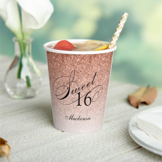 Glitzer Glam Sweet 16 Rose Gold Personalisiert Pappbecher (In Situ)