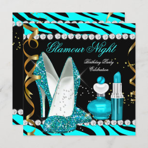 Glitzer Glamour Night Aquamarin Blue Gold Zebra Einladung