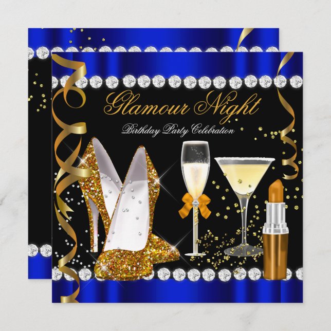Glitzer Glamour Night Blue Gold Black Party Einladung (Vorne/Hinten)