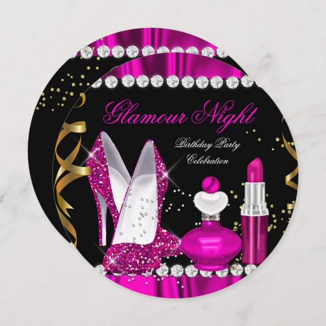 Glitzer Glamour Night Deep Pink Gold Black Party Einladung (Vorne/Hinten)