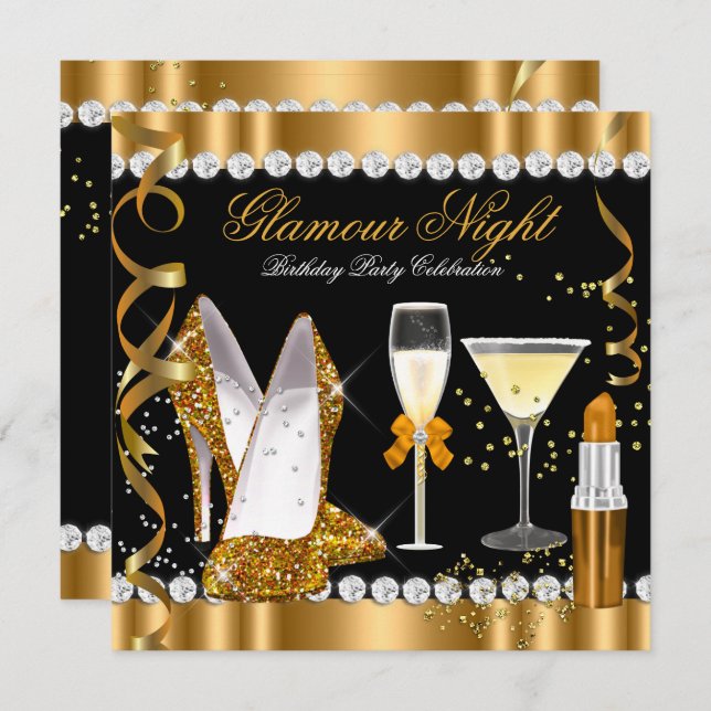 Glitzer Glamour Night Gold Black Silver Party Einladung (Vorne/Hinten)