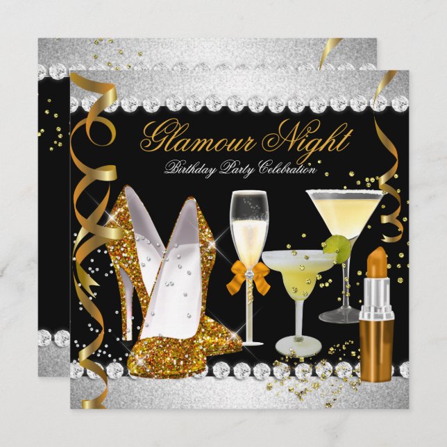 Glitzer Glamour Night Gold Black Silver Party Einladung (Vorne/Hinten)