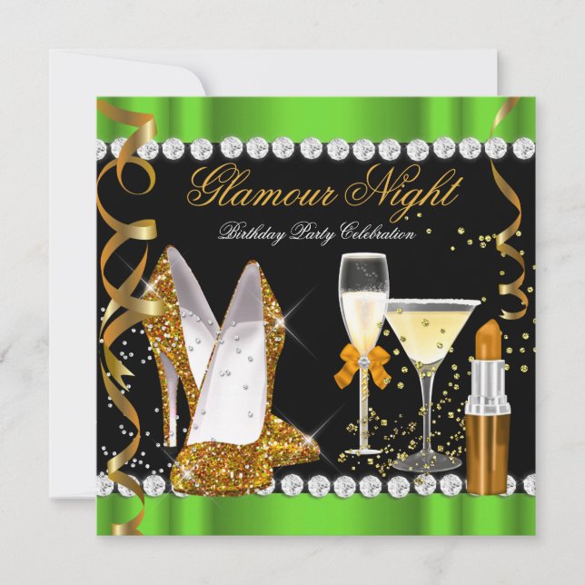 Glitzer Glamour Night Lime Green Gold Black Party Einladung (Vorderseite)