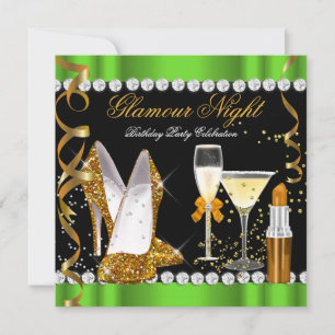 Glitzer Glamour Night Lime Green Gold Black Party Einladung