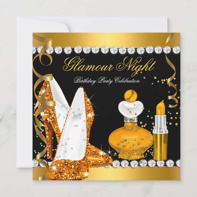 Glitzer Glamour Night Yellow Gold Black Party Einladung (Vorderseite)