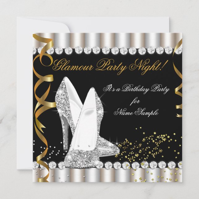 Glitzer Glamour Party Night Silver Gold High Heel Einladung (Vorderseite)