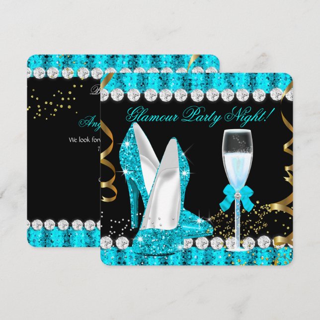 Glitzer Glamour Partys Night Aquamarin Blue Champa Einladung (Vorne/Hinten)