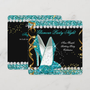 Glitzer Glamour Türkis Aqua Gold Schwarz Party Einladung