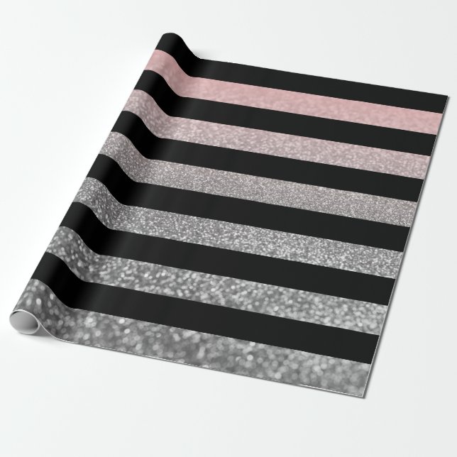Glitzer glänzend silberrosa schwarzer Streifen Geschenkpapier (Ungerollt)
