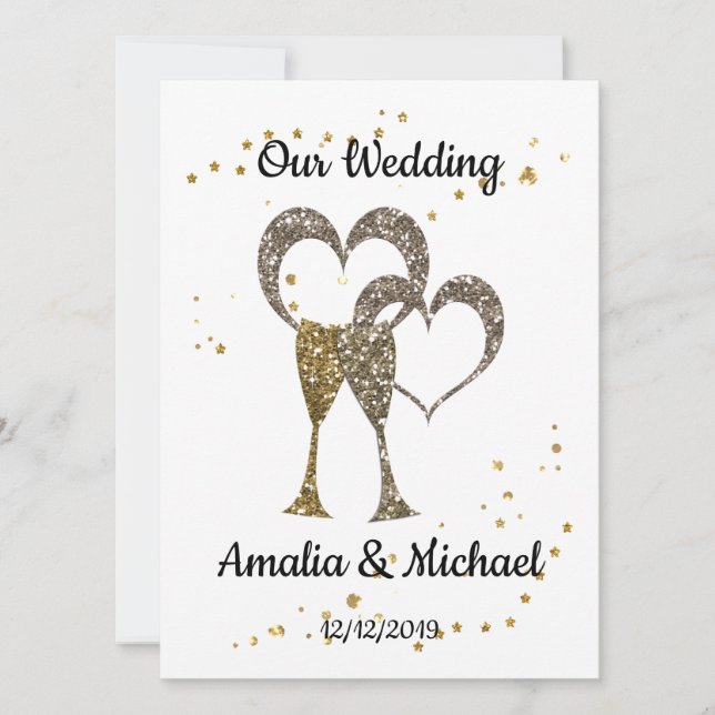 Glitzer glänzt Gläser Champagnerherzen Einladung (Vorderseite)