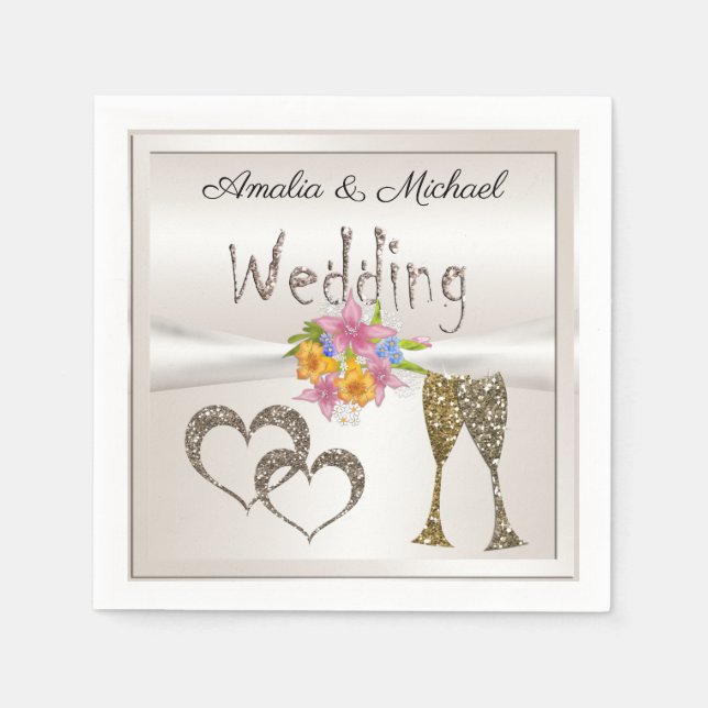 Glitzer glänzt Gläser Champagnerherzen Serviette (Vorderseite)