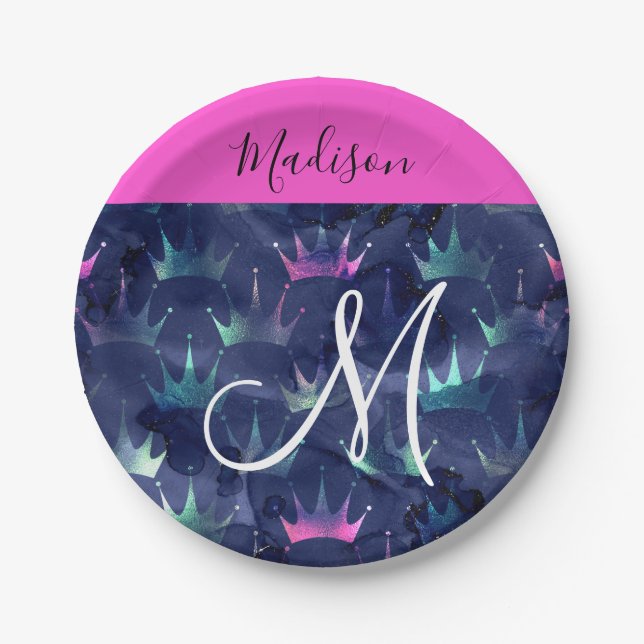 Glitzer Glitzern Mermaid Crowns Monogram Pappteller (Vorderseite)