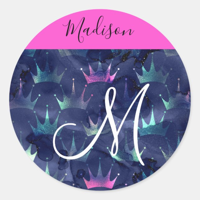 Glitzer Glitzern Mermaid Crowns Monogram Runder Aufkleber (Vorderseite)