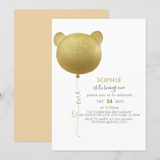 Glitzer Gold Ballon Teddy Bear 1. Geburtstag Einladung