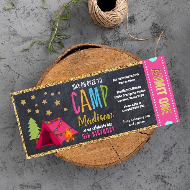 Glitzer Gold Blackboard Glamping Ticket Pass Einladung (Von Creator hochgeladen)