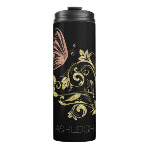 Glitzer Gold Blühe Schmetterling Personalisiert Thermosbecher