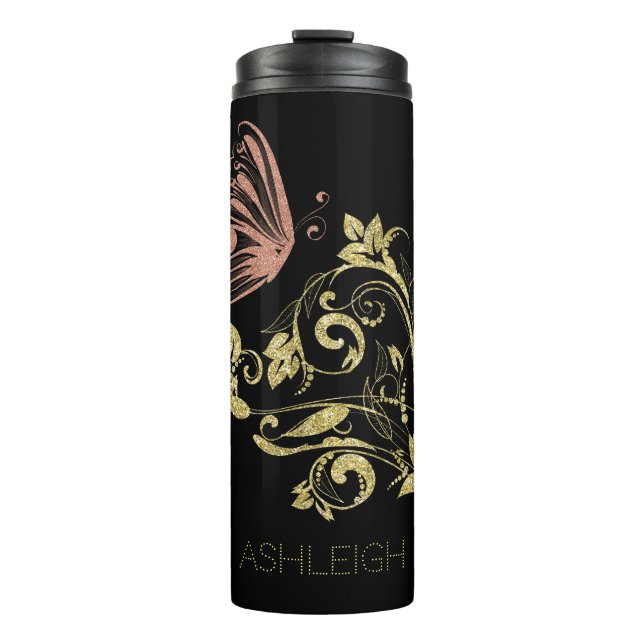 Glitzer Gold Blühe Schmetterling Personalisiert Thermosbecher (Vorderseite)