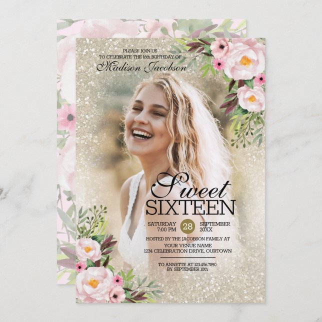 Glitzer Gold Blumenfoto Vorlage Sweet 16 Party (Vorne/Hinten)