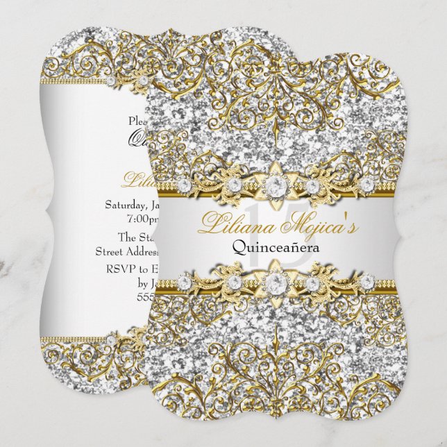 Glitzer Gold Damask Quinceanera Einladung (Vorne/Hinten)