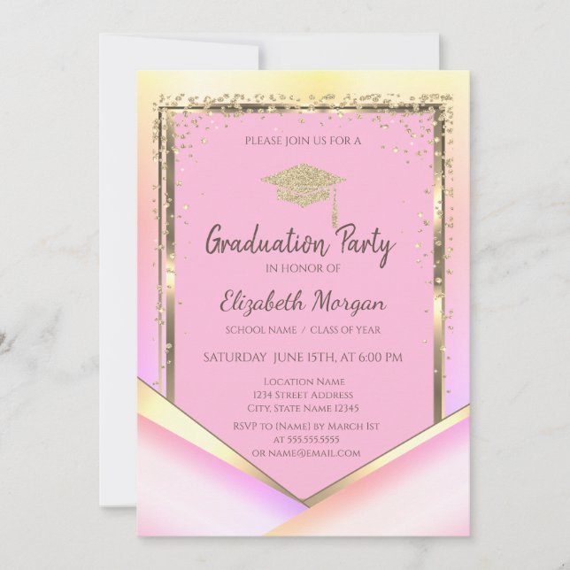 Glitzer Gold Diamonds Pink Abschluss Einladung (Vorderseite)