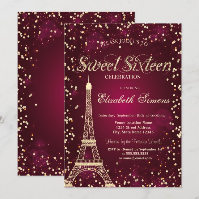 Glitzer Gold Eiffelturm Diamonds Red Sweet 16 Einladung (Vorne/Hinten)