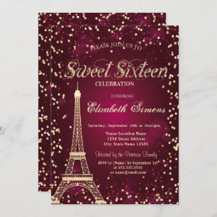 Glitzer Gold Eiffelturm Diamonds Red Sweet 16 Einladung